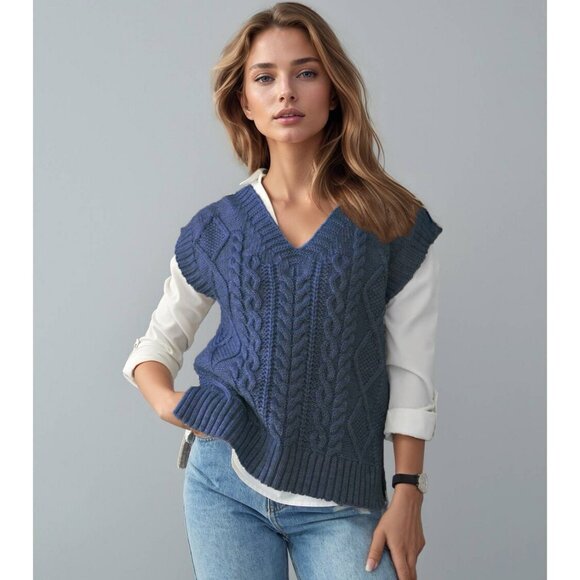 Classic Cable Knit Sweater Vest Navy Blue - Picture 1 of 2